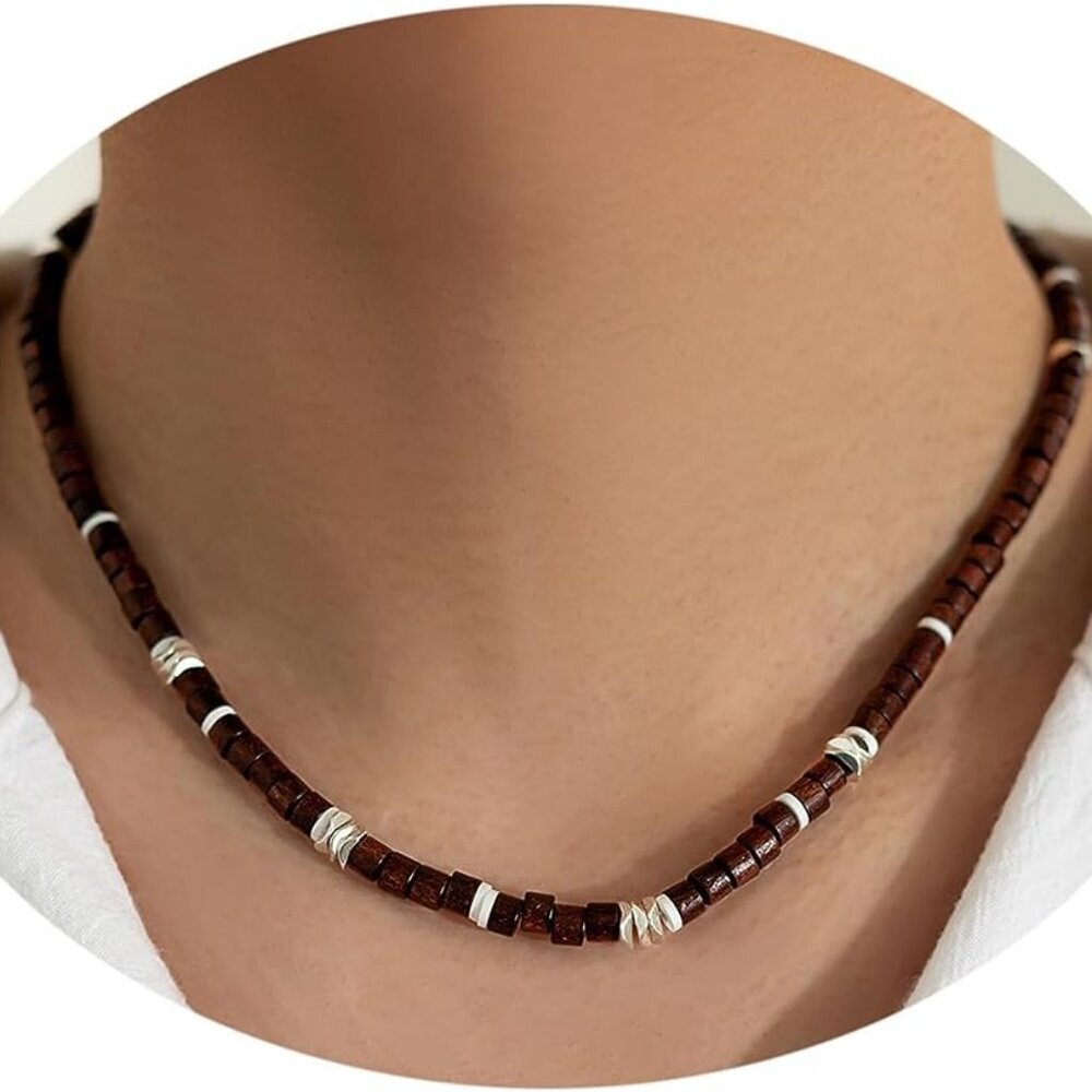 Surfer Necklace for Men Beaded Choker Necklace Puka Shell Necklaces Brown Coconu